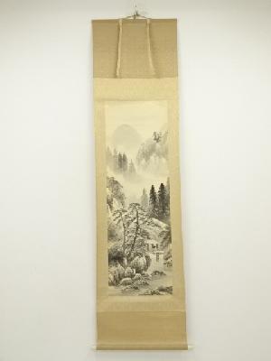 石原春秋筆　水墨山水　肉筆絹本掛軸（共箱）